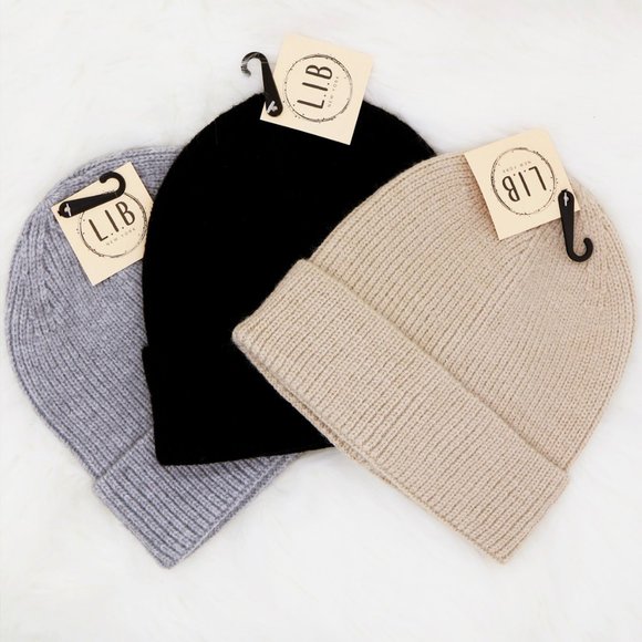 NEW Unisex Neutral Cozy Soft Rib Knit Cuff Classic Beanie Hat Beige Black Gray - Picture 1 of 16